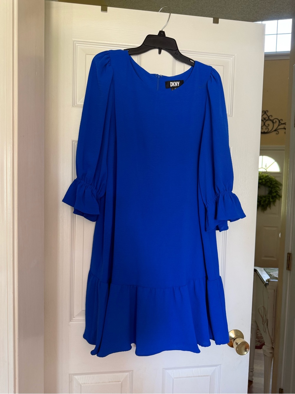 Women’s cobalt blue DKNY A-line dress 3/4 bell sleeves flounce ruffle hem sz 14